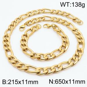 Stylish and minimalist 11mm stainless steel 3:1NK chain gold bracelet necklace two-piece set - KS203808-Z