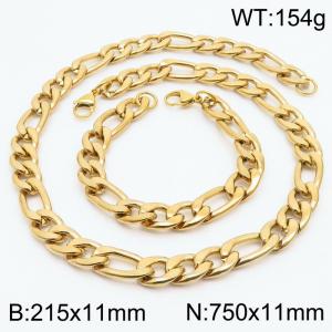 Stylish and minimalist 11mm stainless steel 3:1NK chain gold bracelet necklace two-piece set - KS203810-Z