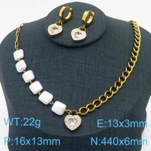 Stainless steel square pearl splicing mixed chain with brick and stone heart-shaped pendant jewelry fashion gold set - KS203893-KSP