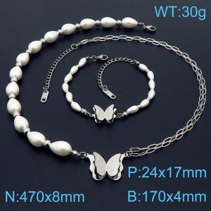 Stainless steel double layer O-chain splicing string pearl chain clip butterfly pendant temperament silver set - KS203899-KSP