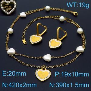 Stainless steel double layer chain splicing pearl heart shaped and round bead hanging love pendant temperament gold set - KS203900-KSP