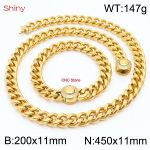 Unisex Gold-Plated Stainless Steel&CNC Stones Cuban Links&Round Clasp 450mm Necklace&200mm Bracelet Jewelry Set - KS203948-Z