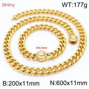 Unisex Gold-Plated Stainless Steel&CNC Stones Cuban Links&Round Clasp 600mm Necklace&200mm Bracelet Jewelry Set - KS203951-Z