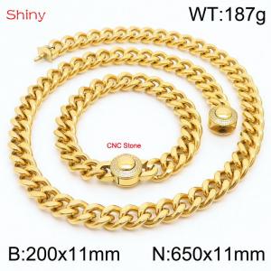 Unisex Gold-Plated Stainless Steel&CNC Stones Cuban Links&Round Clasp 650mm Necklace&200mm Bracelet Jewelry Set - KS203952-Z