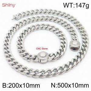 Unisex Stainless Steel&CNC Stones Cuban Links&Round Clasp 500mm Necklace&200mm Bracelet Jewelry Set - KS203956-Z
