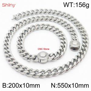 Unisex Stainless Steel&CNC Stones Cuban Links&Round Clasp 550mm Necklace&200mm Bracelet Jewelry Set - KS203957-Z