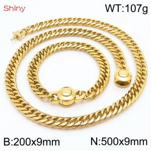 Gold Color Stainless Steel Cuban Chain 500×9mm Necklace 200×9mm Bracelet For Men Women Fashion Jewelry Sets - KS203970-Z