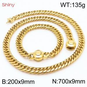 Gold Color Stainless Steel Cuban Chain 700×9mm Necklace 200×9mm Bracelet For Men Women Fashion Jewelry Sets - KS203974-Z
