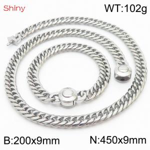 Silver Color Stainless Steel Cuban Chain 450×9mm Necklace 200×9mm Bracelet For Men Women Fashion Jewelry Sets - KS203976-Z