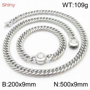 Silver Color Stainless Steel Cuban Chain 500×9mm Necklace 200×9mm Bracelet For Men Women Fashion Jewelry Sets - KS203977-Z