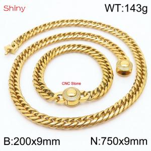 Gold Color Stainless Steel Cuban Chain CNC Stone Clasp 750×9mm Necklace 200×9mm Bracelet For Men Women Fashion Jewelry Sets - KS203996-Z