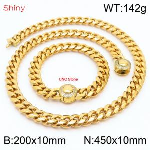 Hip hop style stainless steel 10mm polished Cuban chain with gold plated CNC men's bracelet necklace two-piece set - KS204004-Z