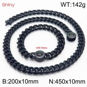 Hip hop style stainless steel 10mm polished Cuban chain plated with black CNC men's bracelet necklace two-piece set - KS204011-Z