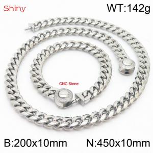Hip hop style stainless steel 10mm polished Cuban chain CNC men's bracelet necklace two-piece set - KS204018-Z