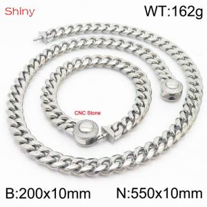 Hip hop style stainless steel 10mm polished Cuban chain CNC men's bracelet necklace two-piece set - KS204020-Z