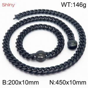 Hip hop style stainless steel 10mm polished Cuban chain plated with black  men's bracelet necklace two-piece set - KS204026-Z