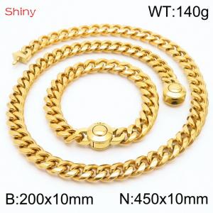 Hip Hop Style Stainless Steel 10mm Polished Cuban Chain Gold Plated Men's Bracelet Necklace Two Piece Set - KS204033-Z