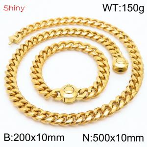Hip Hop Style Stainless Steel 10mm Polished Cuban Chain Gold Plated Men's Bracelet Necklace Two Piece Set - KS204034-Z