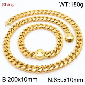 Hip Hop Style Stainless Steel 10mm Polished Cuban Chain Gold Plated Men's Bracelet Necklace Two Piece Set - KS204037-Z