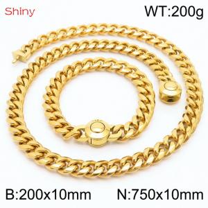 Hip Hop Style Stainless Steel 10mm Polished Cuban Chain Gold Plated Men's Bracelet Necklace Two Piece Set - KS204039-Z