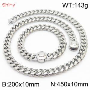 Hip hop style stainless steel 10mm polished Cuban chain  men's bracelet necklace two-piece set - KS204040-Z