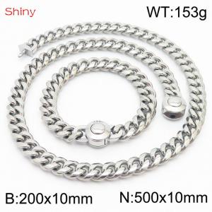 Hip hop style stainless steel 10mm polished Cuban chain  men's bracelet necklace two-piece set - KS204041-Z
