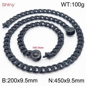 Hip Hop style polished stainless steel Cuban chain black men's diamond necklace bracelet combination two-piece set - KS204047-Z