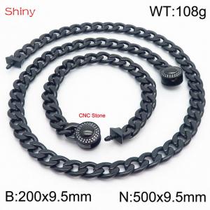 Hip Hop style polished stainless steel Cuban chain black men's diamond necklace bracelet combination two-piece set - KS204048-Z