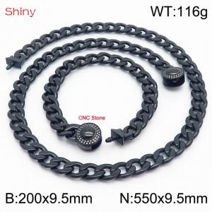 Hip Hop style polished stainless steel Cuban chain black men's diamond necklace bracelet combination two-piece set - KS204049-Z