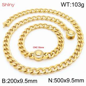 Hip Hop style polished stainless steel Cuban chain gold diamond necklace bracelet set two-piece set - KS204055-Z