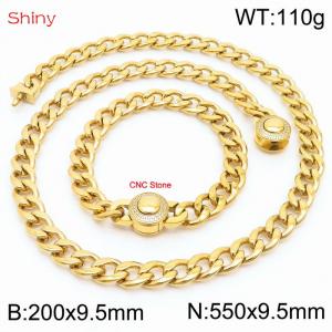 Hip Hop style polished stainless steel Cuban chain gold diamond necklace bracelet set two-piece set - KS204056-Z