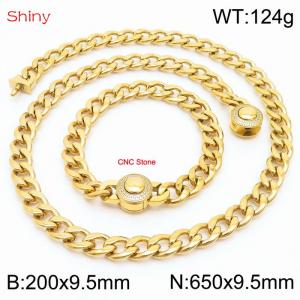 Hip Hop style polished stainless steel Cuban chain gold diamond necklace bracelet set two-piece set - KS204058-Z