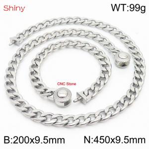 Hip hop style polished stainless steel Cuban chain silver diamond men's necklace bracelet combination two-piece set - KS204061-Z
