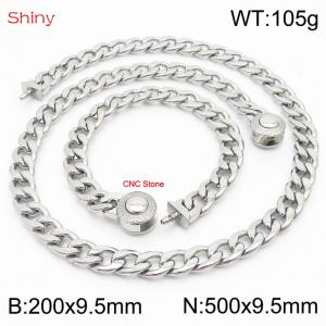 Hip hop style polished stainless steel Cuban chain silver diamond men's necklace bracelet combination two-piece set - KS204062-Z