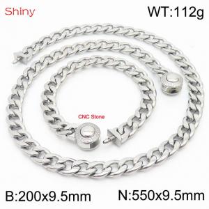 Hip hop style polished stainless steel Cuban chain silver diamond men's necklace bracelet combination two-piece set - KS204063-Z