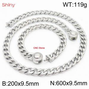 Hip hop style polished stainless steel Cuban chain silver diamond men's necklace bracelet combination two-piece set - KS204064-Z