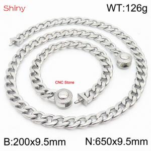 Hip hop style polished stainless steel Cuban chain silver diamond men's necklace bracelet combination two-piece set - KS204065-Z