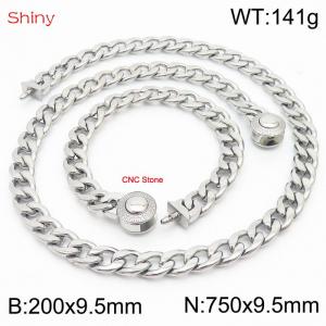 Hip hop style polished stainless steel Cuban chain silver diamond men's necklace bracelet combination two-piece set - KS204067-Z