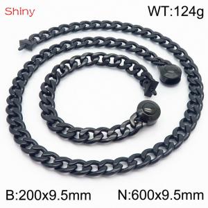 Hip hop style polished stainless steel Cuban chain black men's necklace bracelet combination two-piece set - KS204071-Z