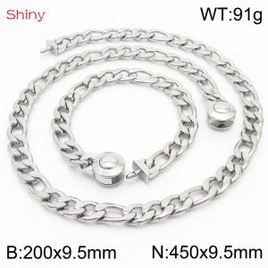 Fashionable stainless steel 200x9.5mm&450x9.5mm3：1 thick chain circular polished buckle jewelry charm silver set - KS204089-Z