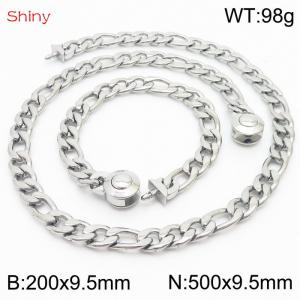 Fashionable stainless steel 200x9.5mm&500x9.5mm3：1 thick chain circular polished buckle jewelry charm silver set - KS204090-Z