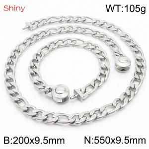 Fashionable stainless steel 200x9.5mm&550x9.5mm3：1 thick chain circular polished buckle jewelry charm silver set - KS204091-Z