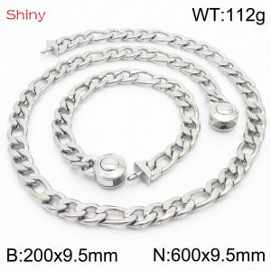Fashionable stainless steel 200x9.5mm&600x9.5mm3：1 thick chain circular polished buckle jewelry charm silver set - KS204092-Z