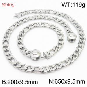 Fashionable stainless steel 200x9.5mm&650x9.5mm3：1 thick chain circular polished buckle jewelry charm silver set - KS204093-Z