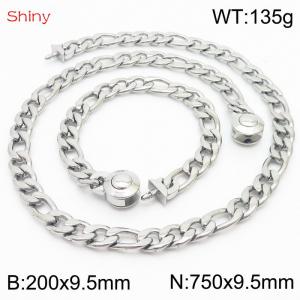 Fashionable stainless steel 200x9.5mm&750x9.5mm3：1 thick chain circular polished buckle jewelry charm silver set - KS204095-Z
