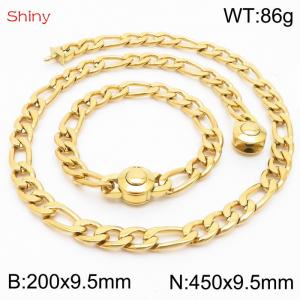 Fashionable stainless steel 200x9.5mm&450x9.5mm3：1 thick chain circular polished buckle jewelry charm gold set - KS204096-Z