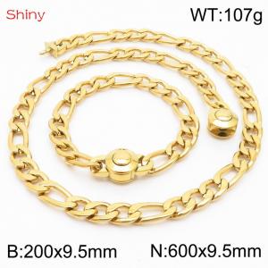 Fashionable stainless steel 200x9.5mm&600x9.5mm3：1 thick chain circular polished buckle jewelry charm gold set - KS204099-Z