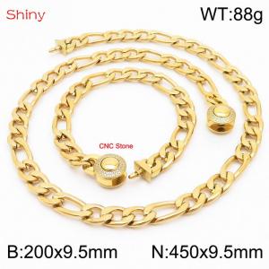 Fashion stainless steel 200x9.5mm&450x9.5mm3：1 thick chain circular polished buckle jewelry charm gold set - KS204110-Z