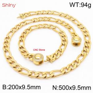 Fashion stainless steel 200x9.5mm&500x9.5mm3：1 thick chain circular polished buckle jewelry charm gold set - KS204111-Z