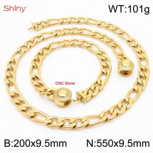 Fashion stainless steel 200x9.5mm&550x9.5mm3：1 thick chain circular polished buckle jewelry charm gold set - KS204112-Z